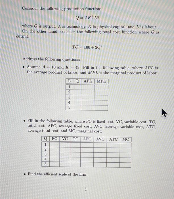 Solved Consider the following production function: Q = AKL | Chegg.com