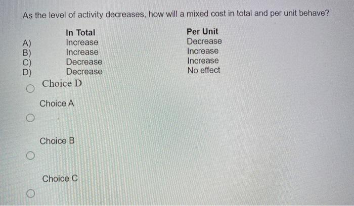 Solved As the level of activity decreases, how will a mixed | Chegg.com
