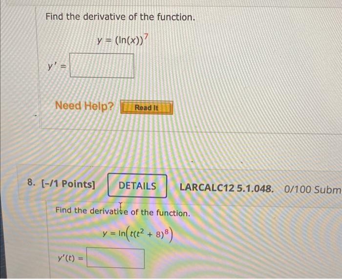 find the derivative of y ln x