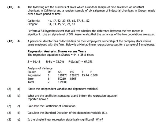 Solved (10) 4i. (10) 4ii. The following are the numbers of | Chegg.com