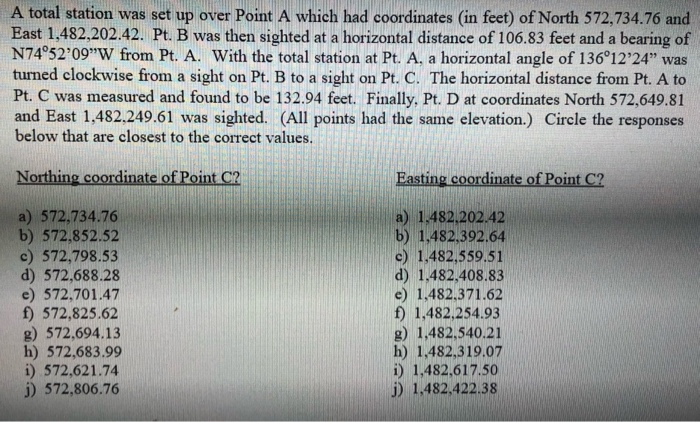 Solved A total station was set up over Point A which had | Chegg.com