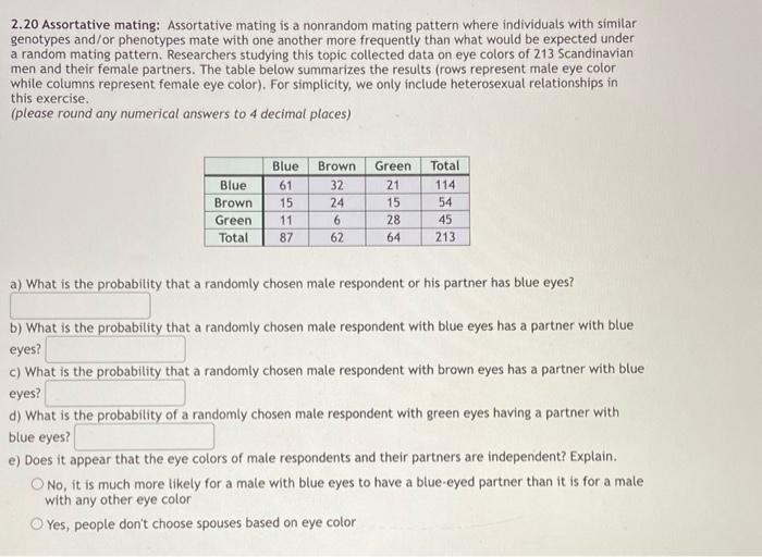 Solved 2.20 Assortative Mating: Assortative Mating Is A | Chegg.com