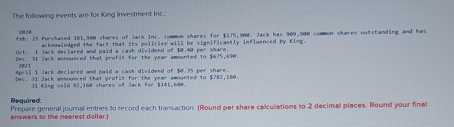 Solved The following events are for King Investment Inc: | Chegg.com