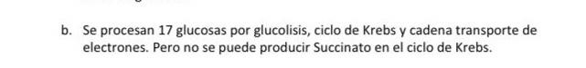 b. Se procesan 17 glucosas por glucolisis, ciclo de Krebs y cadena transporte de electrones. Pero no se puede producir Succin