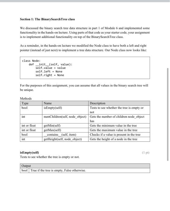 Solved Section 1: The Binary Search Tree class We discussed | Chegg.com