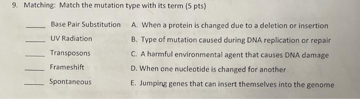 Solved 9. Matching: Match the mutation type with its term (5 | Chegg.com
