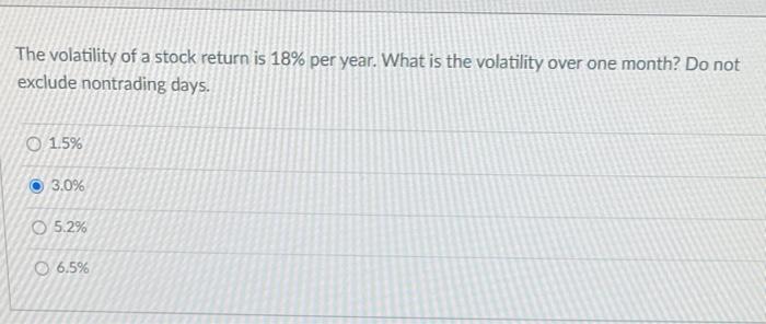 Solved The volatility of a stock return is 18% per year. | Chegg.com