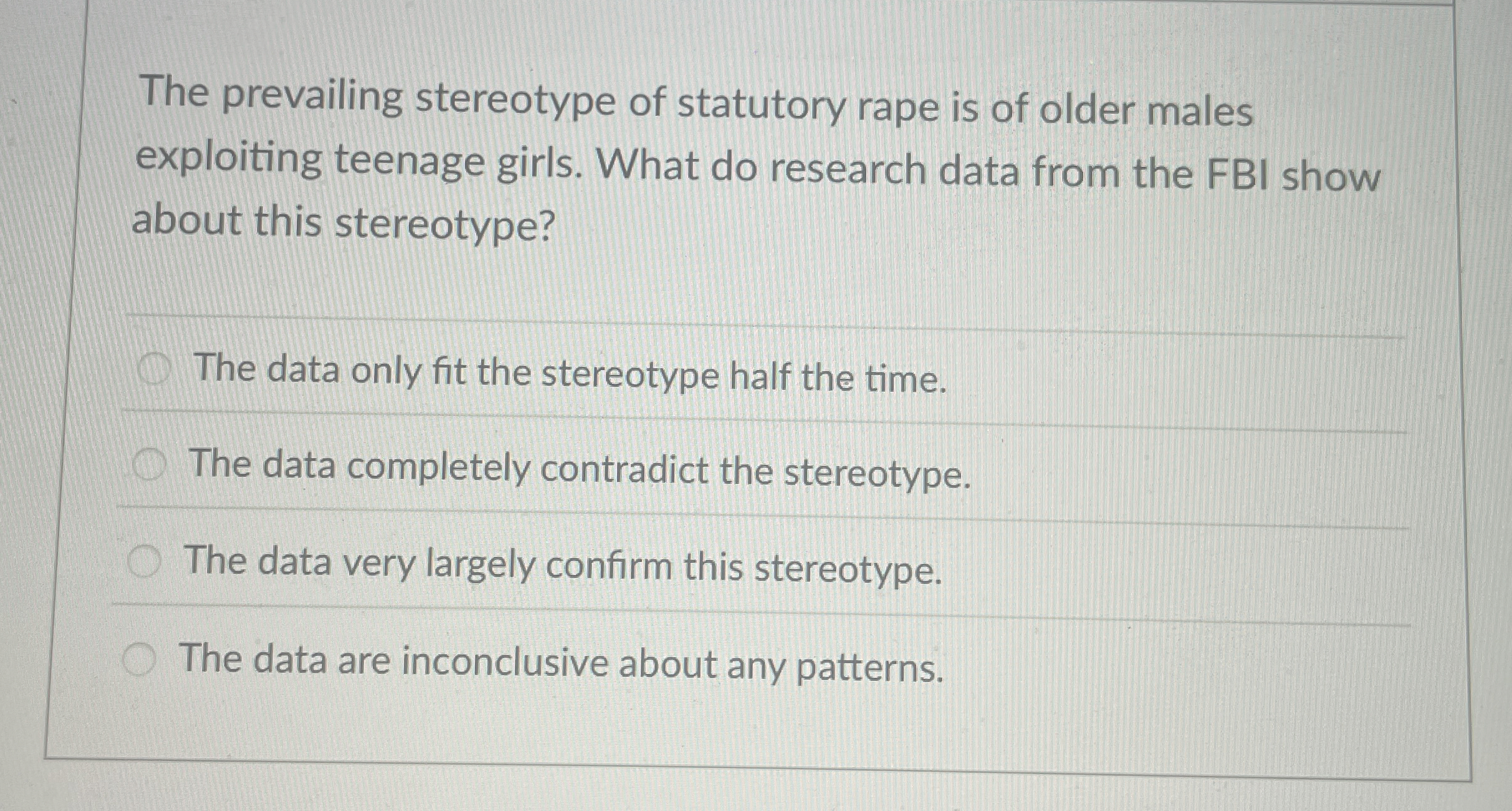 Solved The prevailing stereotype of statutory rape is of | Chegg.com