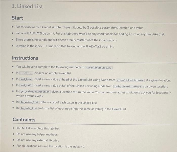 Solved 1. Linked List Start • For this lab we will keep it | Chegg.com