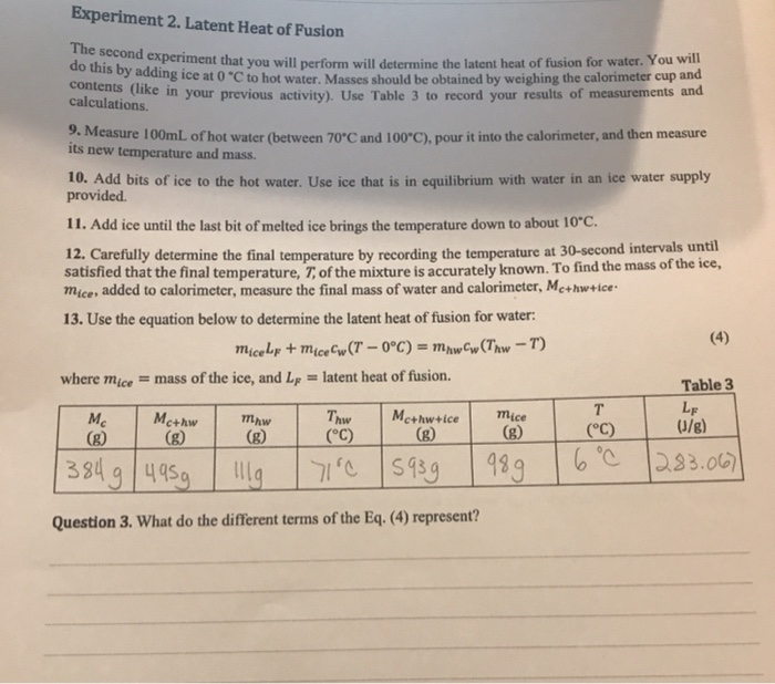 Solved Experiment 2 Latent Heat Of Fusion Calculations The Chegg