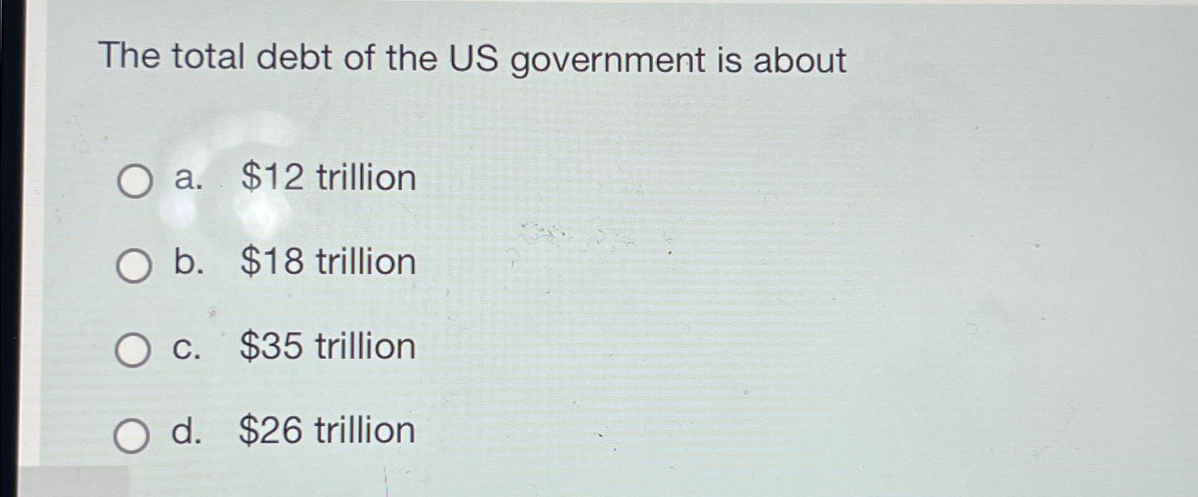 Solved The Total Debt Of The US Government Is Abouta. ﻿$12 | Chegg.com