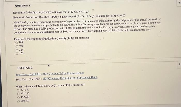 Solved Economic Order Quantity (EOQ)= Square root of | Chegg.com