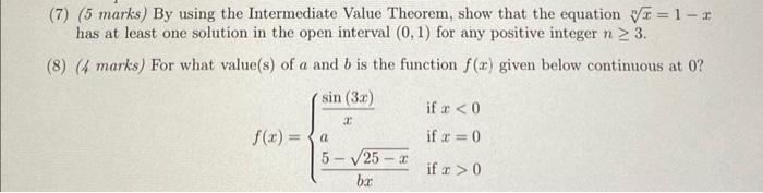 Solved (7) (5 marks) By using the Intermediate Value | Chegg.com