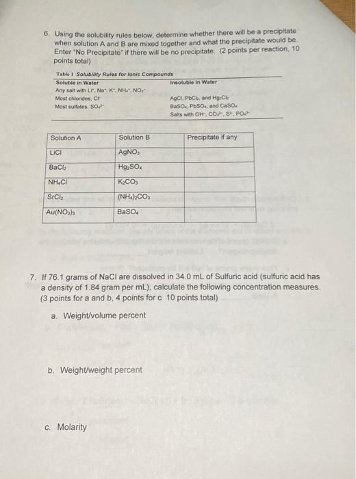 Solved 6. Using the solubility rules below, determine | Chegg.com
