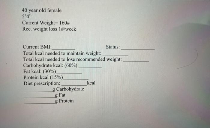 Solved 40 year old female 5'4" Current Weight =160# Rec. | Chegg.com