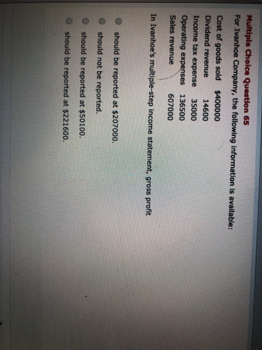 Solved Multiple Choice Question 65 For Ivanhoe Company, the | Chegg.com