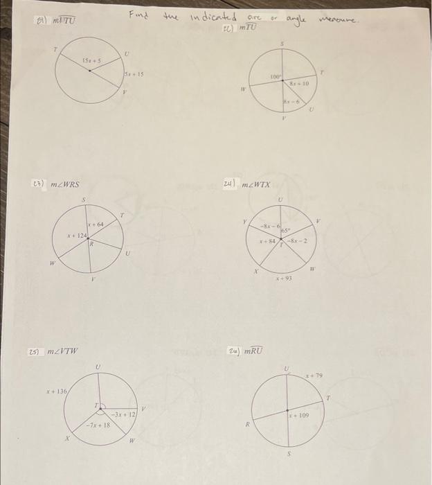Solved TU Find the indicated are 0 angle measure. C) MTU 55 | Chegg.com