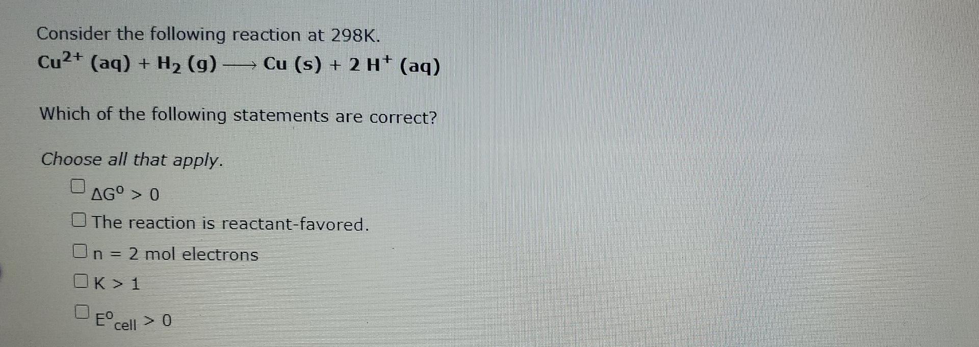 Solved Consider The Following Reaction At 298k Cu2 Aq