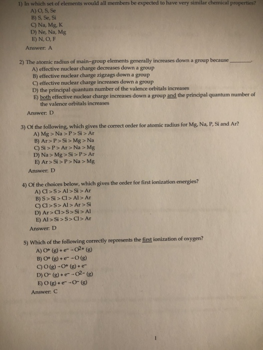 Solved 1 In Which Set Of Elements Would All Members Be E Chegg Com