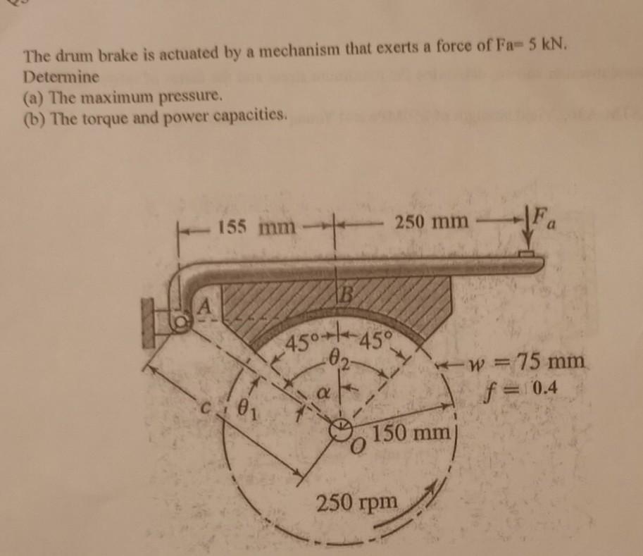 Solved The drum brake is actuated by a mechanism that exerts | Chegg.com