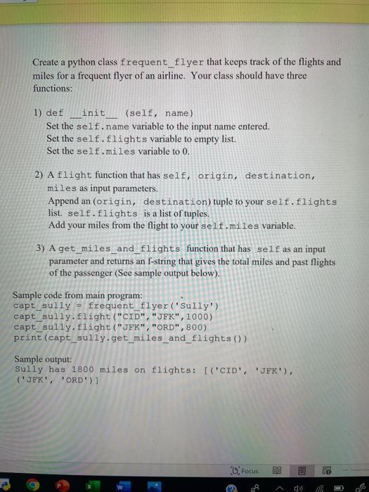 Solved Create a python class frequent_flyer that keeps track | Chegg.com
