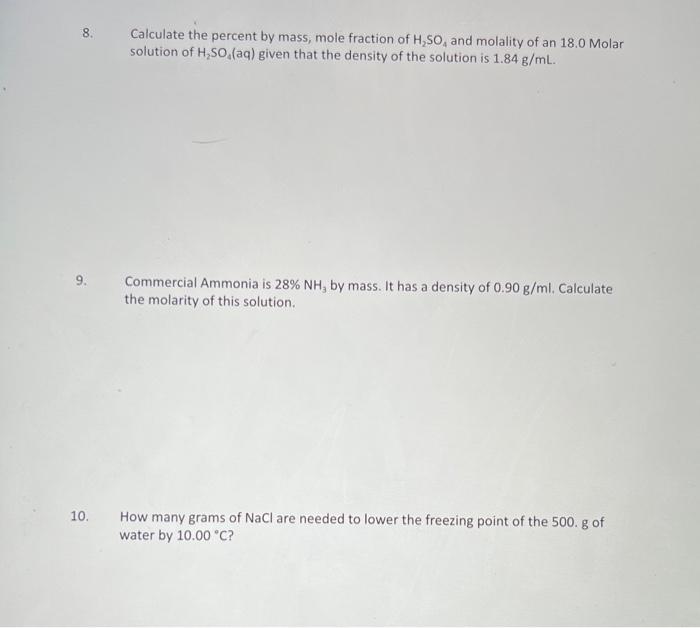 Solved 8. Calculate the percent by mass, mole fraction of | Chegg.com