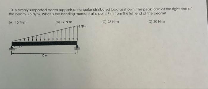 10. A simply supported beam supports a triangular distributed load as shown. The peak load at the right end of the beam is \(