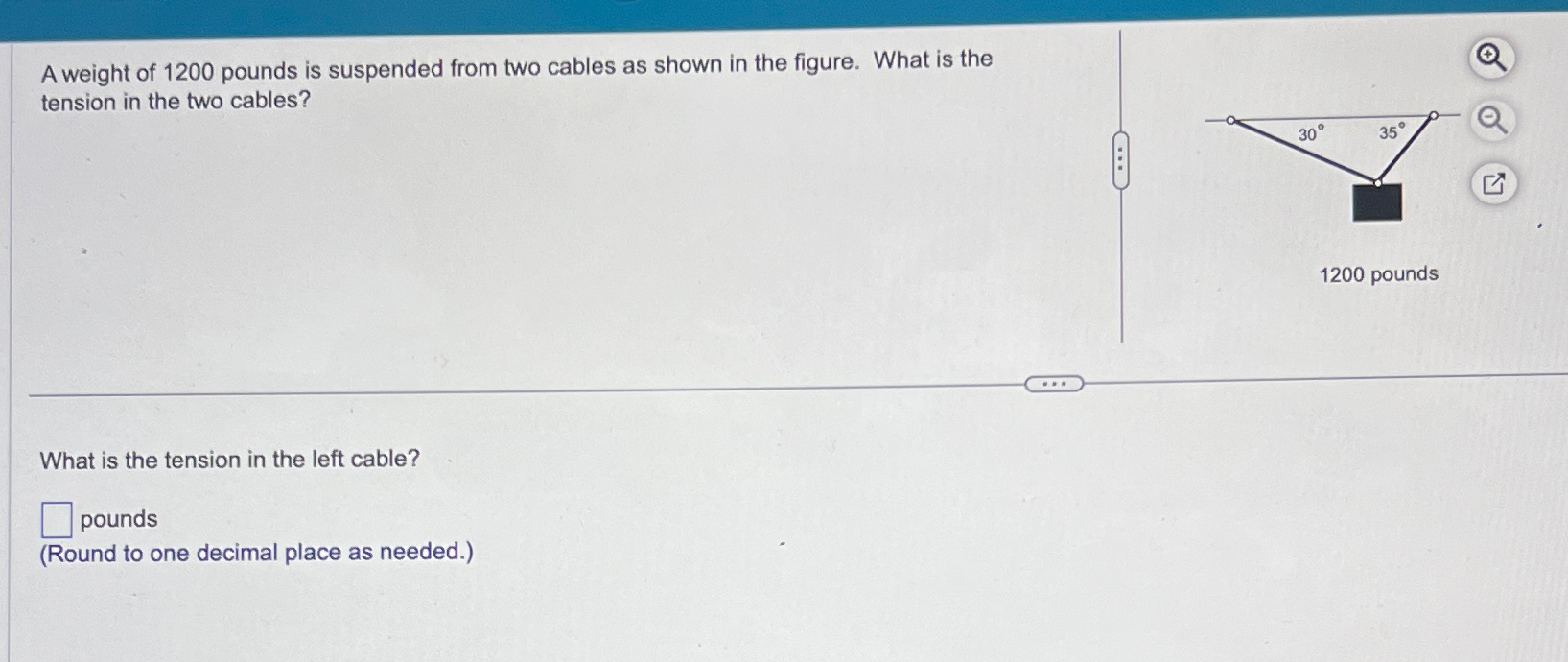Solved A weight of 1200 ﻿pounds is suspended from two cables
