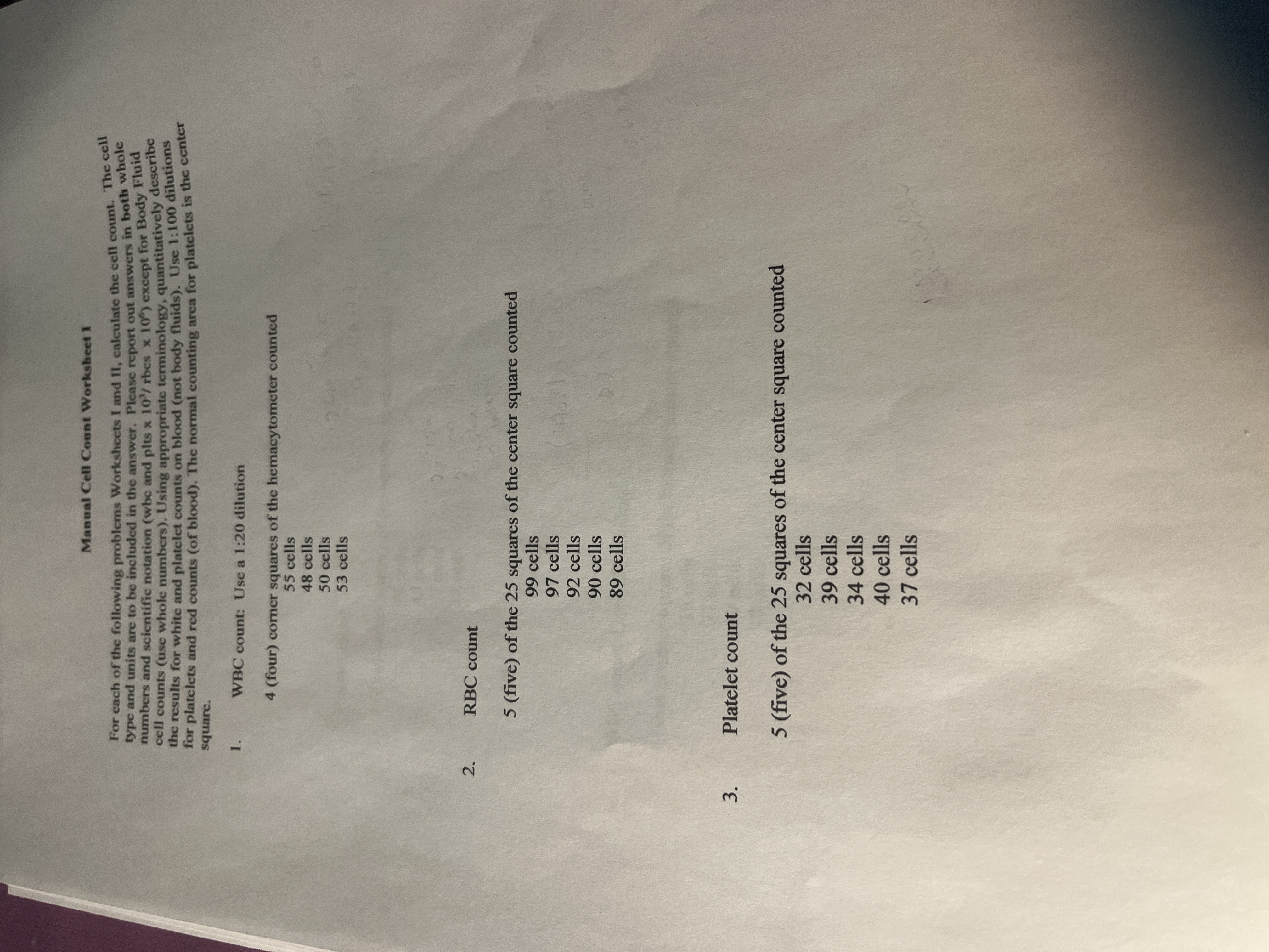 Solved Manual Cell Count Worksheet IFor each of the | Chegg.com