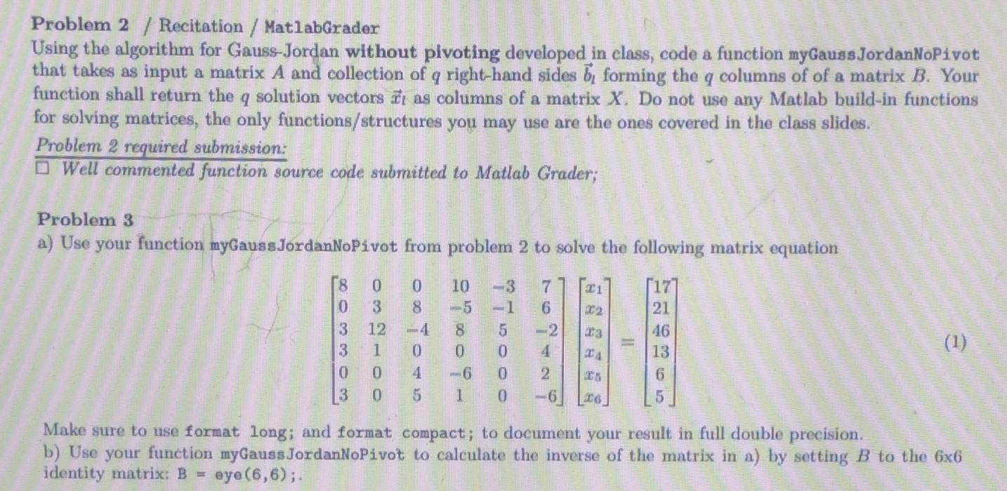 Solved Problem 2 / Recitation / MatlabGrader Using the | Chegg.com