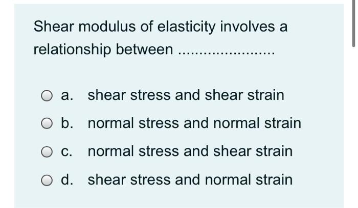 Solved Shear modulus of elasticity involves a relationship | Chegg.com