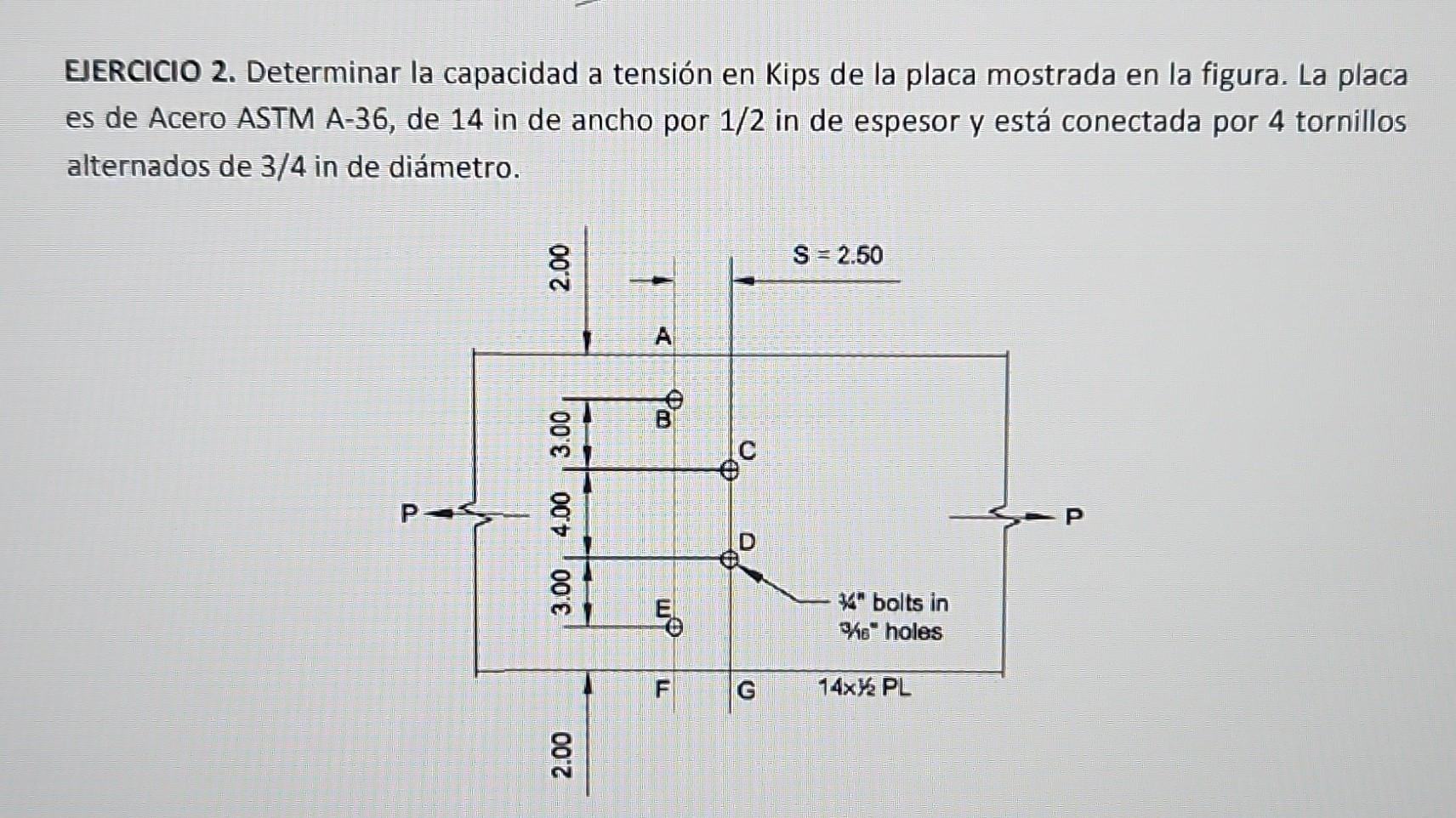 EJERCICIO 2. Determinar la capacidad a tensión en Kips de la placa mostrada en la figura. La placa es de Acero ASTM A-36, de