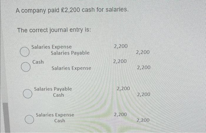 Solved A company paid £2,200 cash for salaries. TheThe | Chegg.com