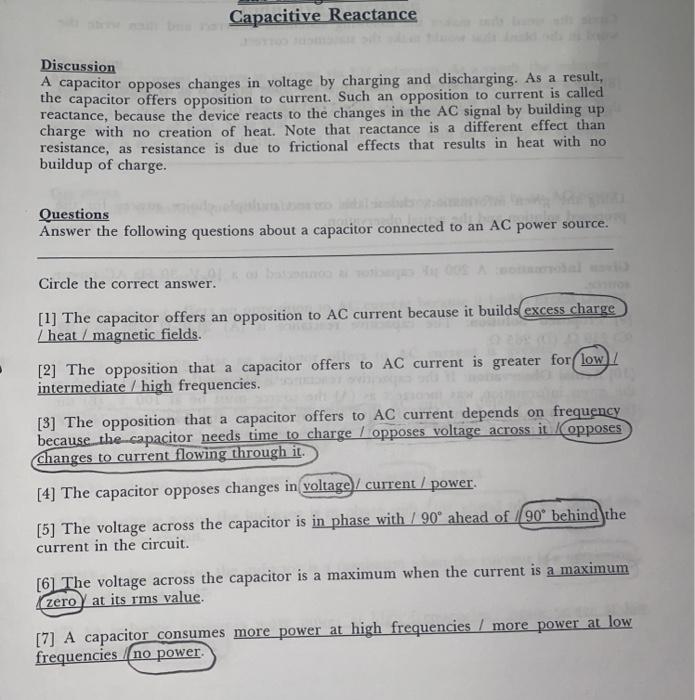 Solved Capacitive Reactance Discussion A capacitor opposes