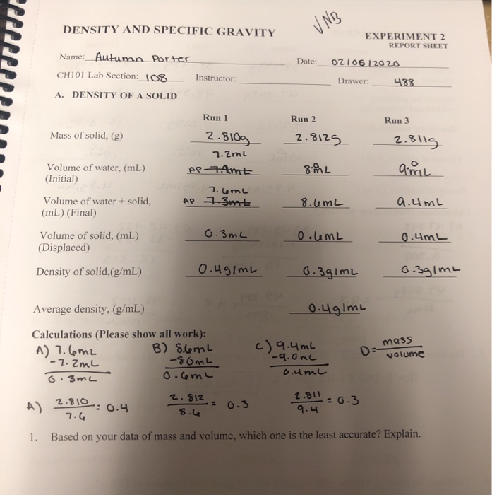 DENSITY AND SPECIFIC GRAVITY UNB EXPERIMENT 2 REPORT