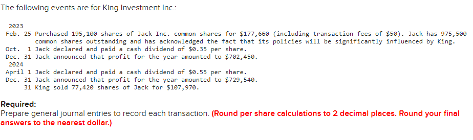 Solved The following events are for King Investment | Chegg.com