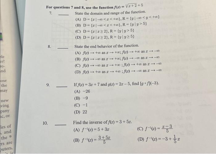 Solved uestions 7 and 8 , use the function f(x)=3x+2+5 State | Chegg.com