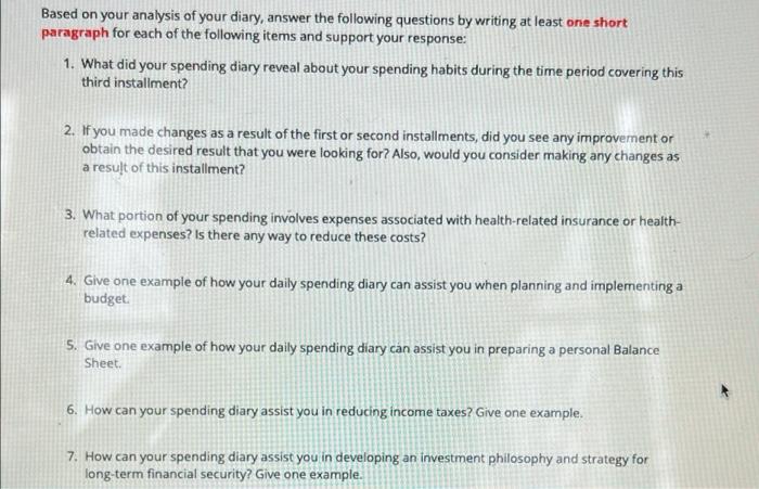 Solved Based on your analysis of your diary, answer the | Chegg.com