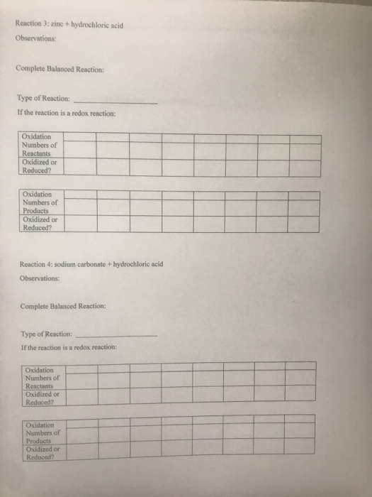 Solved Reaction 3 zinc + hydrochloric acid Observations