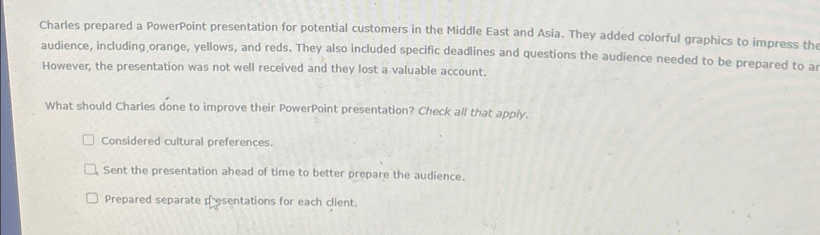 Solved Charles prepared a PowerPoint presentation for | Chegg.com