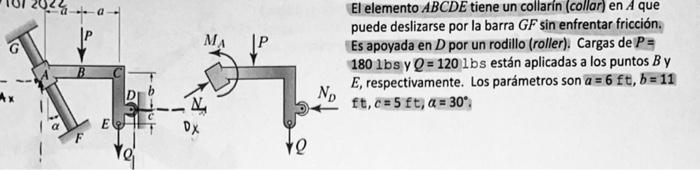 El elemento \( A B C D E \) tiene un collarín (collar) en \( A \) que puede deslizarse por la barra \( G F \) sin enfrentar f