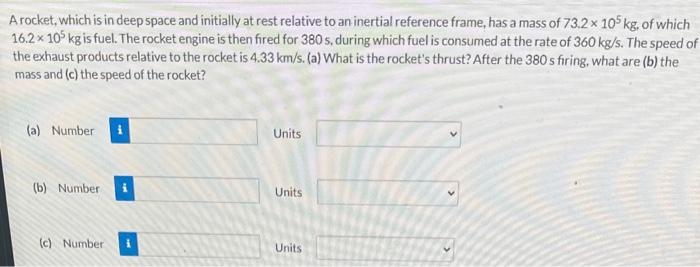 A rocket, which is in deep space and initially at rest relative to an inertial reference frame, has a mass of \( 73.2 \times 