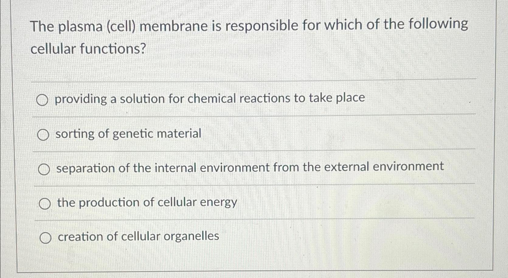 Solved The plasma (cell) ﻿membrane is responsible for which | Chegg.com