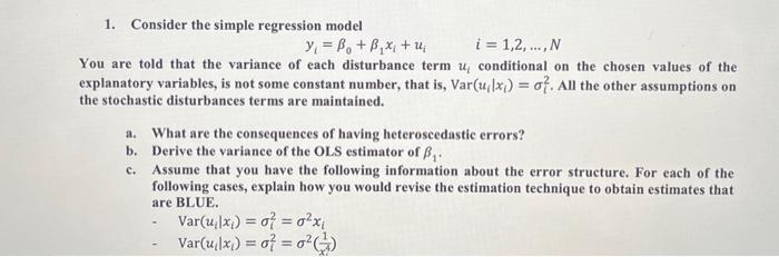 Solved 1. Consider The Simple Regression Model | Chegg.com