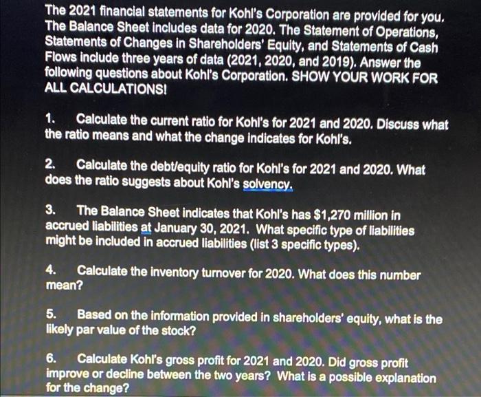 Solved The 2021 financial statements for Kohl's Corporation | Chegg.com