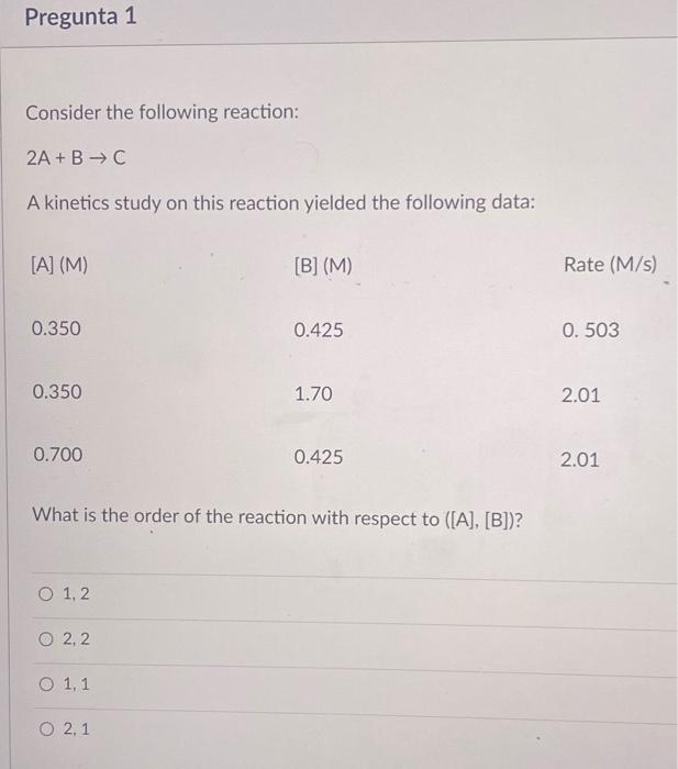 Solved Pregunta 1 Consider the following reaction: 2A + B C | Chegg.com