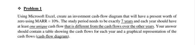 ( * ) Problem 1
Using Microsoft Excel, create an investment cash-flow diagram that will have a present worth of zero using