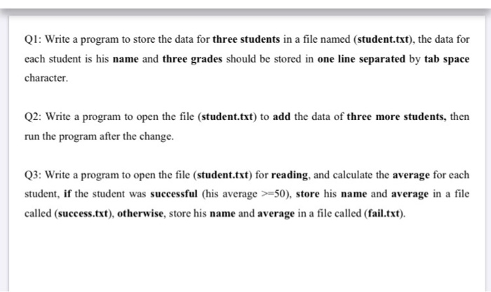 Solved Q1: Write a program to store the data for three | Chegg.com