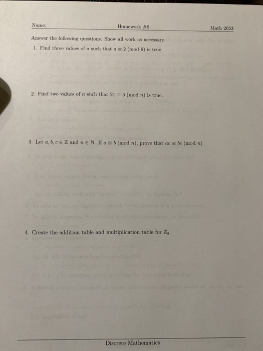 Solved Name: Homework #8 Math 2053 Answer the following | Chegg.com