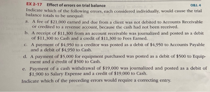Solved EX 2-17 Effect of errors on trial balance OBJ. 4 | Chegg.com
